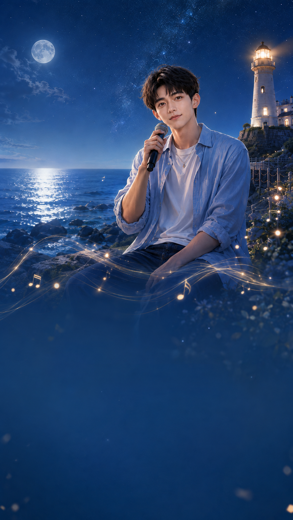不渝坐在夜色海边的岩石上,手持麦克风,身后是灯塔与月光海面